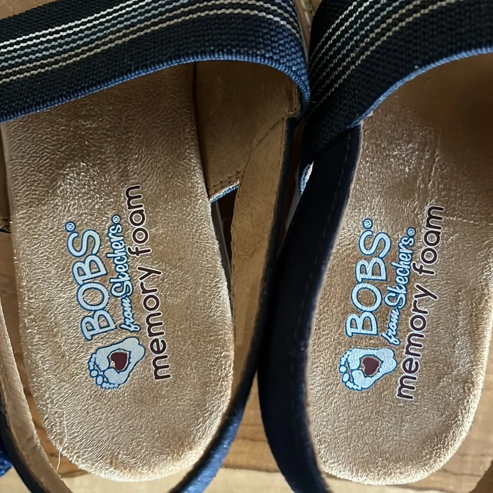 BOBS from Skechers Navy and White Striped Wedge Sandals